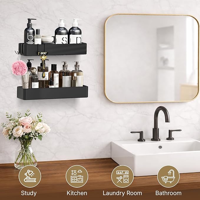 Bathroom Organizer 2 Pack, Shower Caddy Wall Mounted Adhesive, No Drill Bathroom Shelf, Holds Up to 5 lbs, Rustproof Storage Organizer for Shower, Kitchen & Home.