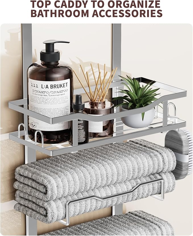 Aetyord Hanging Towel Racks for Bathroom No Drill - Over The Door 6-Tier Bath Towel Storage Organizer for Small Bathrooms-Back Door Large Tiered Towel Holder Hanger for Rolled Towels RV Camper Silver