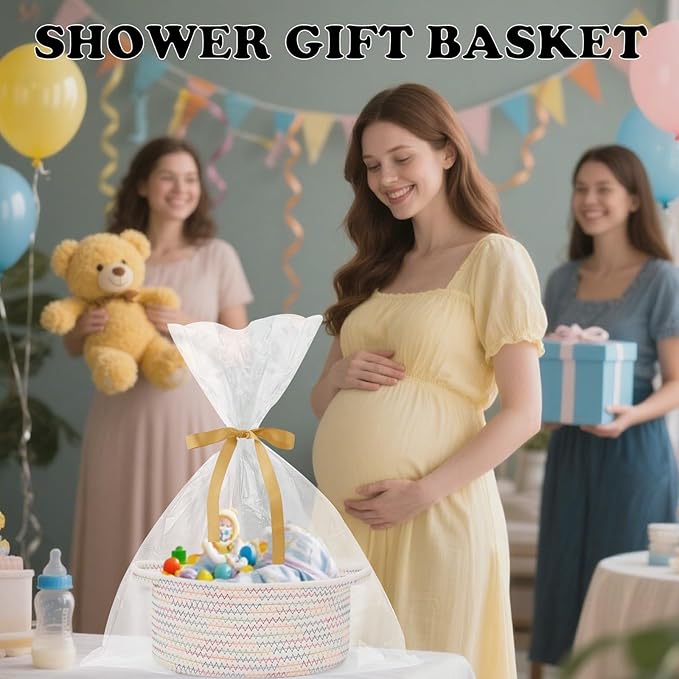 Small Woven Rope Basket-Empty Gifts Basket with Bag and Ribbons,Cute Handle Organizer Box for Birthday/Baby Shower, Toy Storage, Nursery Organizing & Shelf Decor(Colorful Thread)