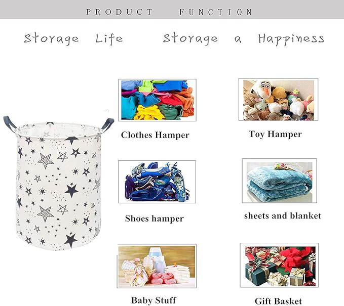 Kids Laundry Hamper Clothes Gift Basket Storage Laundry Baskets Organizer Bin with Handles for Nursery Room (Black Star)