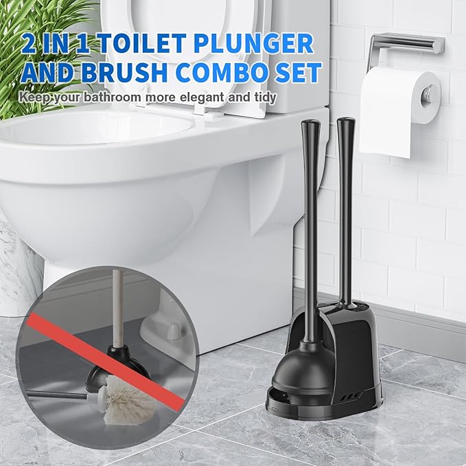 LOVLOY Toilet Plunger and Brush, Bowl Brush and Heavy Duty Toilet Plunger Set with Ventilated Holder, 2-in-1 Toilet Brush and Plunger Combo for 5.3-inch Toilet Drain Bathroom Cleaning (Black)