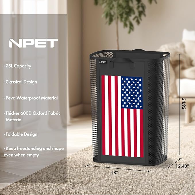 NPET 75L Large Laundry Basket Collapsible Laundry Hamper with PEVA Waterproof Material Clothes Bag Storage Basket Bin for Laundry,Bathroom and Domitory