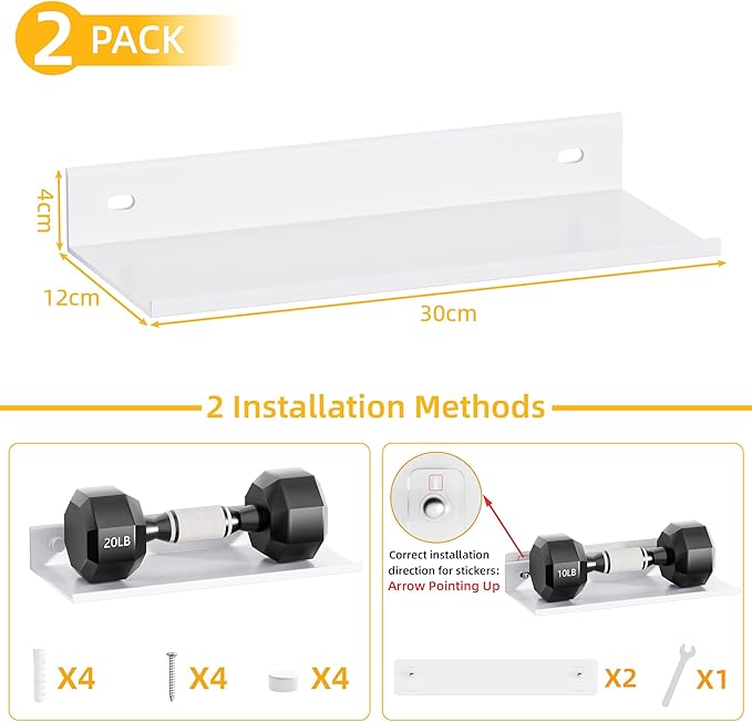 Wisfame Adhesive Wall Shelf 2 Pack, Modern Floating Shelves for Wall 11.8Inch, Metal Wall Mounted Display Ledge Shelf for Living Room, Bedroom, Bathroom