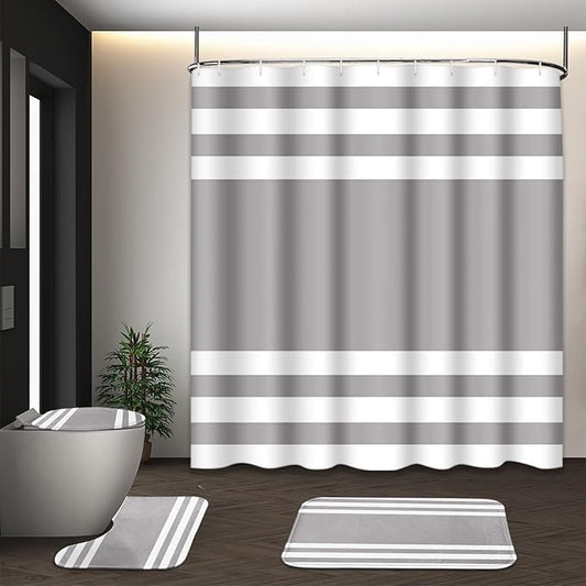 Striped Grey Shower Curtain Set with Toilet Lid Cover and Non-Slip Rugs for Bathroom, Minimalist Modern 4 Pcs Shower Curtain, Neutral Bathroom Set with 12 Hooks