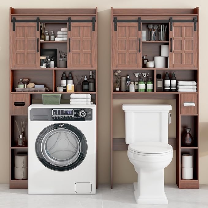 Halitaa Over The Toilet Storage Cabinet, Farmhouse Storage Cabinet Over Toilet with Sliding Doors，Home Space-Saving Toilet Rack, for Bathroom, Restroom, Laundry. Walnut