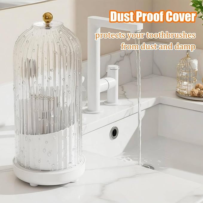 JEESA Toothbrush Holder Organizer, with Drainage Holes, with Dustproof Cover, 360 Rotating, 3 Slots, for Bathroom Countertop, White
