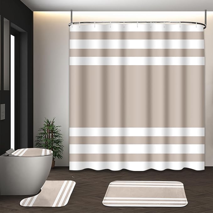 Striped Beige Shower Curtain Set with Toilet Lid Cover and Non-Slip Rugs for Bathroom, Minimalist Modern 4 Pcs Shower Curtain, Neutral Bathroom Set with 12 Hooks