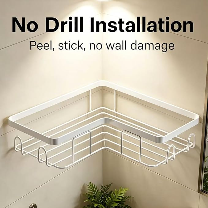 Shower Caddy 2 Pack, No Drilling Adhesive Bathroom Organizer Shelf Rack, Corner Shower Shelf with Hooks for Home Decor & Storage (White)