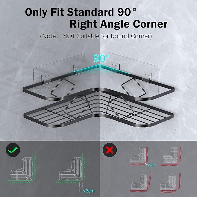 Large Corner Shower Caddy, 2 Pack Adhesive Bathroom Shower Organizer Shelves, No Drilling Rustproof Wall Mounted Shower Storage Basket Shampoo Holder Organizer (Black)