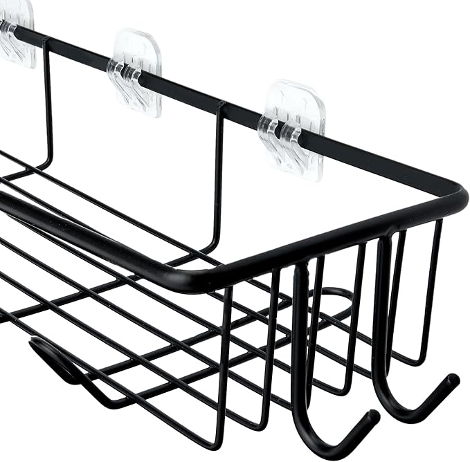 Amazon Basics Shower Shelves Organizer，5-Piece Stainless Steel Caddy Set with Soap Holder and Brush Holder, Adhesive Mount, Black