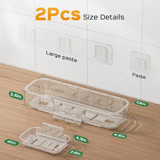 HAMITOR Adhesive Shower Caddy for bathroom：2 Pack Clear Bath Shelves No Drilling for Modern Renters & Home Decor - Rustproof Acrylic Shower Organizer for Bathroom Storage