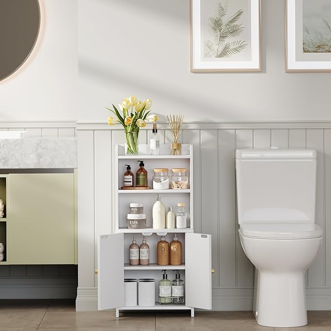 Bathroom Cabinet with 2 Doors, Small Freestanding Storage Cabinet with Adjustable Shelf, Slim Bathroom Organizers, Floor Cabinet for Small Spaces, Bathroom, 7.9" D x 14.7" W x 32" H, White