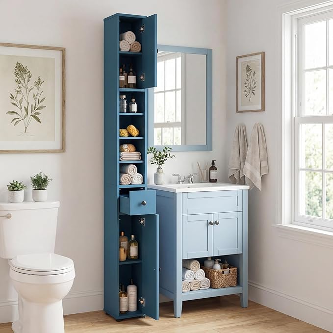 Tangkula Tall Slim Bathroom Storage Cabinet, 71" Freestanding Bathroom Cabinet w/ 2 Doors, 1 Drawer & 5 Adjustable Shelves, Floor Narrow Tower Cabinet for Small Spaces, 8" x 8" x 71" (Blue)
