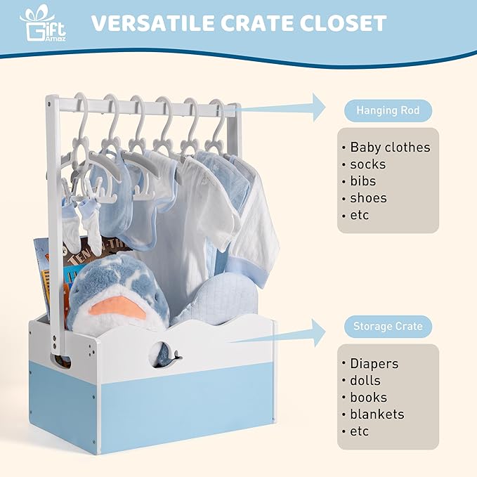GiftAmaz Blue Wooden Baby Shower Crate Closet, Baby Storage Crate with Handle, Baby Shower Gifts Basket, Baby Welcome Box for Newborn Boys, Pregnancy Gifts for New Parents