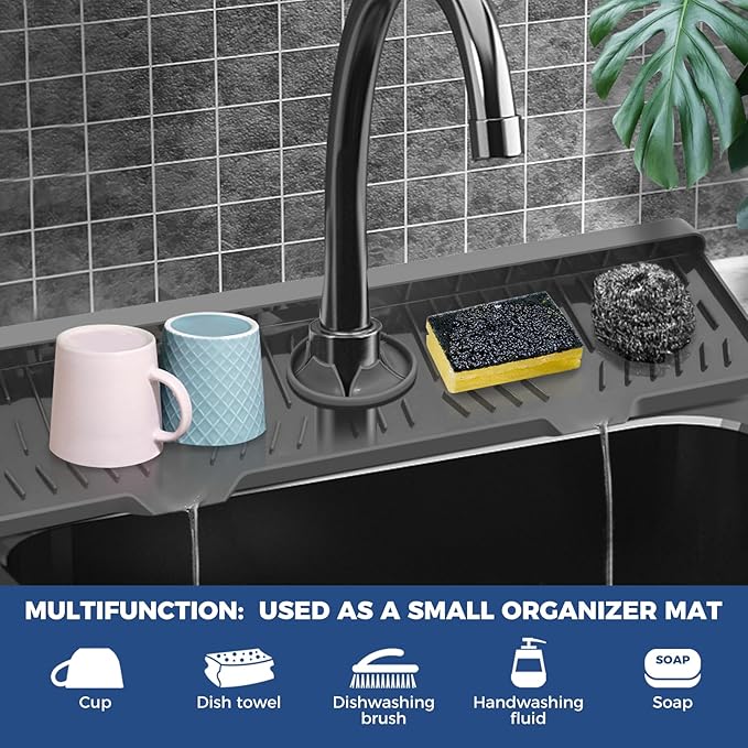 24" Splash Guard Plus Size Silicone Sink Faucet Drying Mat Handle Drip Catcher Tray Dish Sponge Holder Kitchen Accessories Protector Home Organization Gadgets Organizer