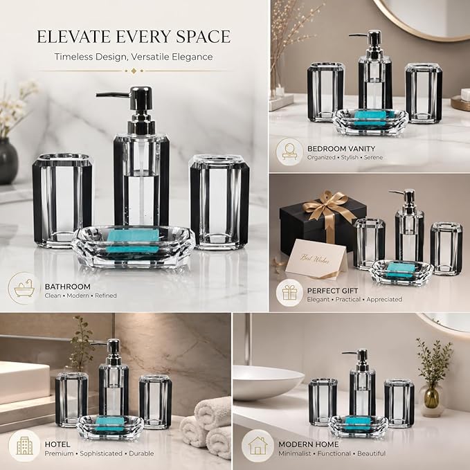 4-Piece Black Bathroom Accessories Set — Soap Dispenser, Soap Dish, Mouthwash Cup & Toothbrush Holder, Glossy Acrylic with Brushed Black Accent, Modern Bathroom Decor