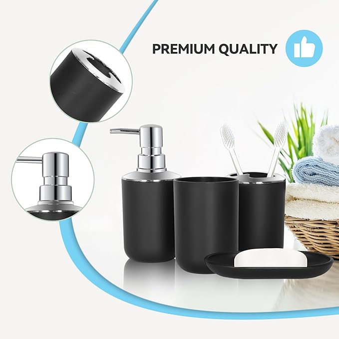 Black Bathroom Accessories Set 4 PCS, Black Bathroom Accessories, Plastic Soap Dispenser and Toothbrush Holder Set, Soap Dish and Mouthwash Cup, Boho Bathroom Decor, Bathroom Set