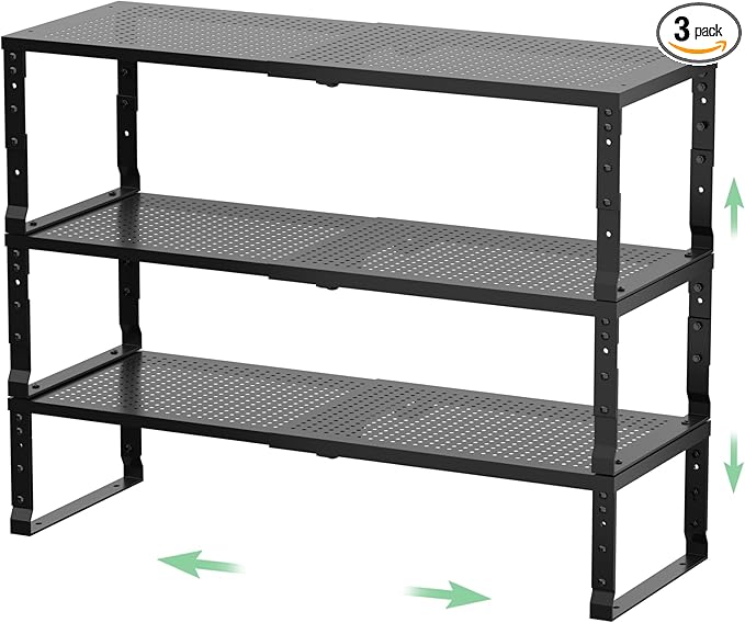 Metal Stackable Expandable Storage Rack, Adjustable Under Sink Shelf & Countertop Space Saving, Heavy-Duty Pantry Storage, Suitable for Kitchens, RV, Bathrooms, Workshops or Offices