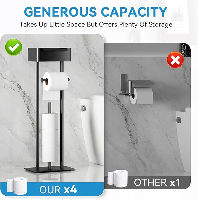 Toilet Paper Holder Free Standing - Toilet Paper Stand with Shelf - Storage for 4 Rolls- Bathroom Organizers, No Drill, for Large Toilet Rolls, 29.7 inch*12.6 inch (Matte Black)