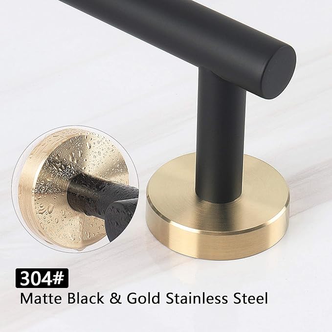 NearMoon Bath Towel Bar, Thicken Stainless Steel Shower Towel Rack Holder Wall Mounted for Bathroom, 9-lnch Overall Length-7-lnch Usable Hanging Space (1 Pack, Matte Black & Gold)