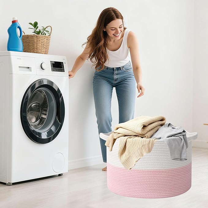 115L Extra Large Pink Woven Cotton Rope Basket with Handles, Kids Nursery Laundry Hamper for Toys, Blankets, Pillows & Comforters, Cute Storage Bin for Bedroom & Playroom