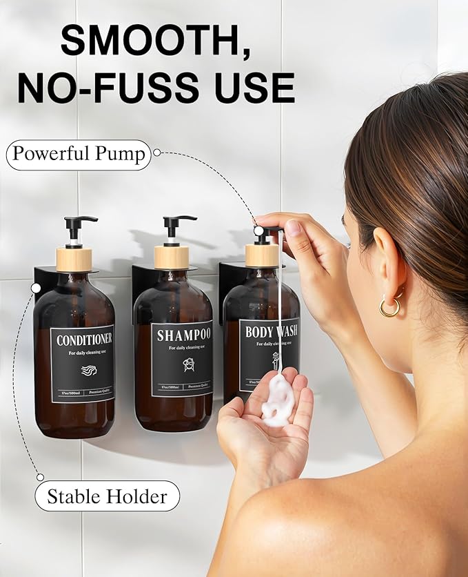Luxspire Shampoo and Conditioner Dispenser, Shower Soap Dispenser Wall Mounted 3 Sets Plastic Bottles Bamboo Pump, 17OZ Shampoo and Conditioner Bottles for Bathroom, Shower Wall and Hotel, Amber