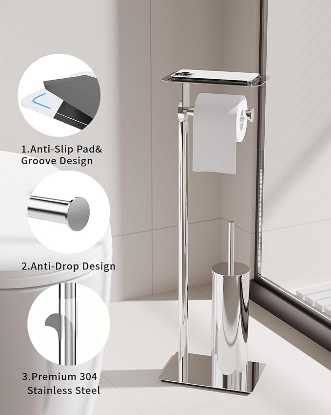 Toilet Paper Holder Stand, Free Standing Toilet Paper Holder with Shelf for Bathroom, Stainless Steel Chrome Toilet Tissue Holder with Brush and Holder Set, Weighted Base