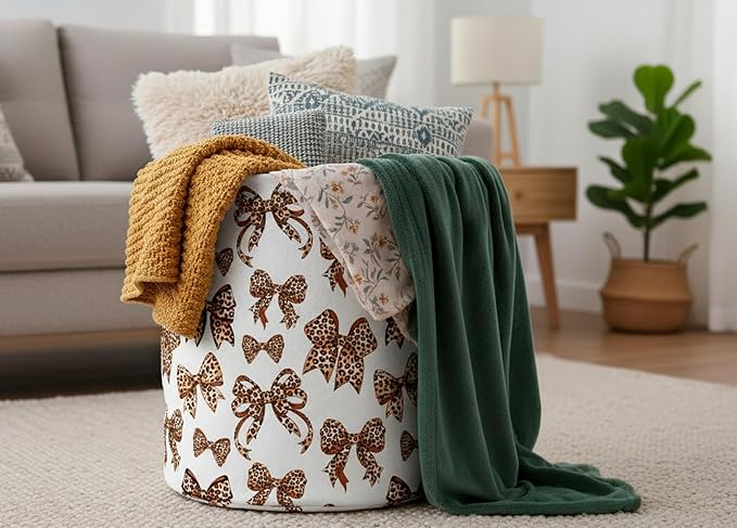 CLOCOR Large Laundry Basket,Waterproof Nursery Hamper,Collapsible Fabric Storage Container,Room Decor,Gift Basket（Leopard Print Bow