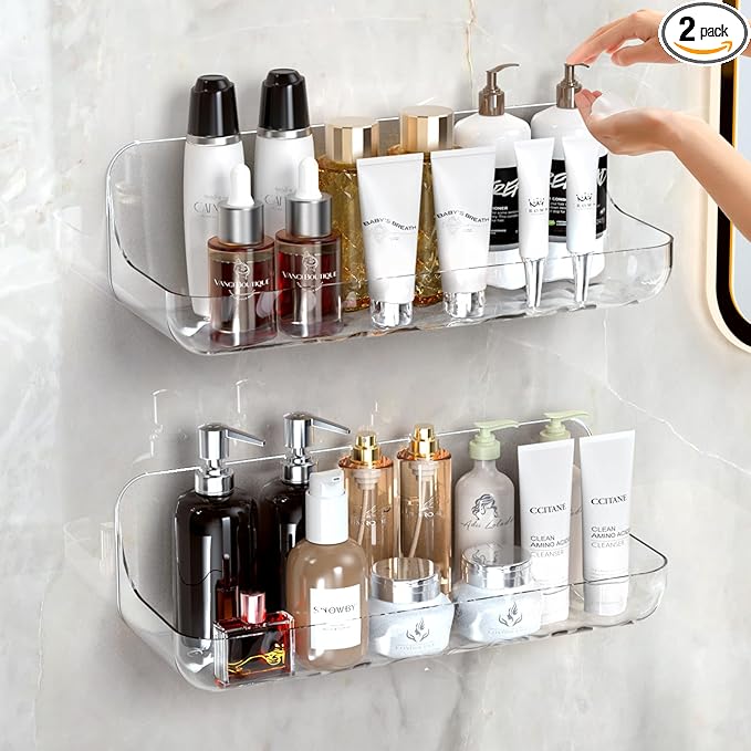 Acrylic Shower Shelves 2 Pack, Adhesive Clear Bathroom Shelf, Plastic Shower Caddy with Self Adhesive Tape, No Drilling, Wall Mounted Shower Organizer for Bathroom Storage & Kitchen