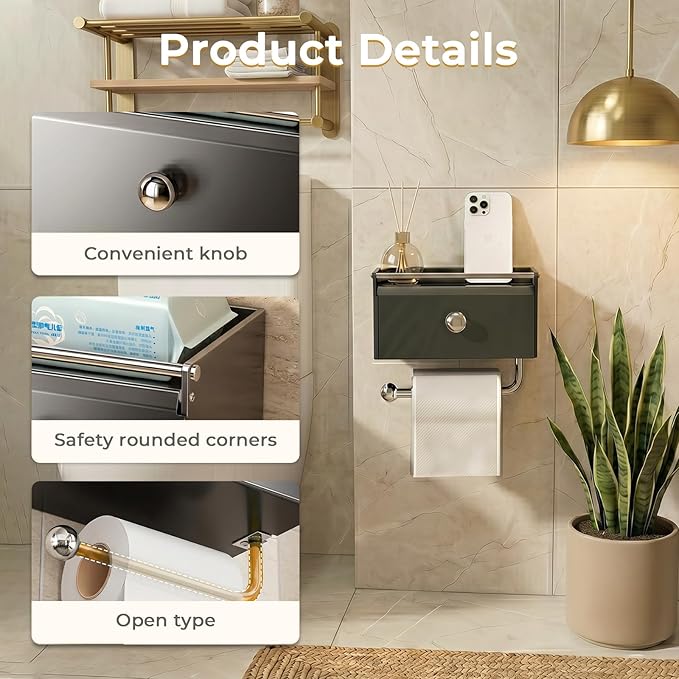 Toilet Paper Holder with Shelf,Wall Mount Toilet Paper Roll Holder,Self-Adhesive Tissue Towel Holders,Flushable Wipes Dispenser for Storage,Front Flip Design with Hanging Rod for Bathroom (Grey)