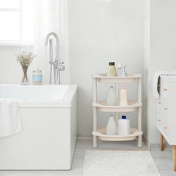 3 Tier Beige Corner Shower Caddy, 14.5 x 10 x 22.5 Inches, Plastic Shower Stands for Inside Bathroom, Bathtub, Shower Table (Beige 3 Tier)