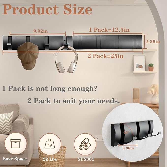 Folding Coat Hooks, Wall Mounted Coat Rack with 8 Retractable Hooks, Heavy Duty Towel Rack for Bathroom Wall Hook for Hanging Clothes Bathrobe, Stainless Steel Coat Hanger for Entryway(Black)
