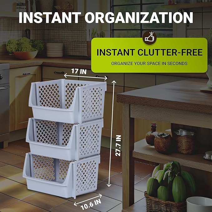 TidyFriend 6 Pack XLarge Plastic Stackable Storage Bins Open Front for Pantry Organizers and Storage, Pantry Storage for Kitchen and Home Organization, Dorm Room Essentials (Light Grey)