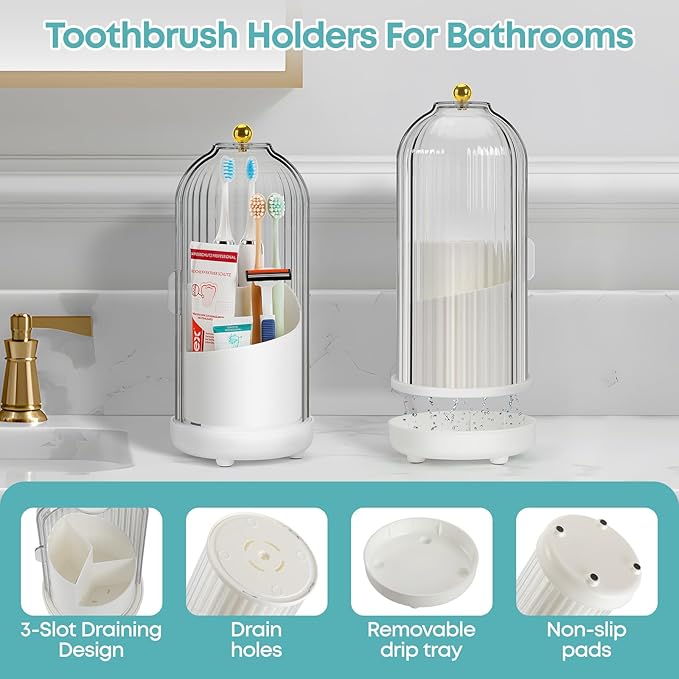 Dustproof Toothbrush Holder, Toothbrush Organizer with 360° Rotating Inner Tray and Sliding Cover, 3-Slot Draining Bathroom Toothbrush Caddy, Vanity Makeup Brush Organizer,Black