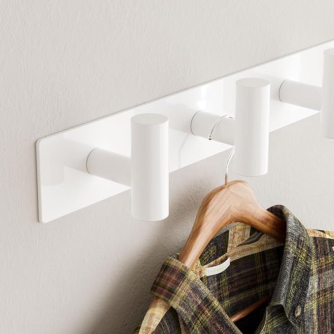 GWAAZXGZ White Wall Mounted Coat Rack – 5 T-Shaped Pegs for Hats, Bags & Towels, Heavy-Duty Metal Rail for Entryway, Bathroom, Closet, Bedroom (2 Pack)