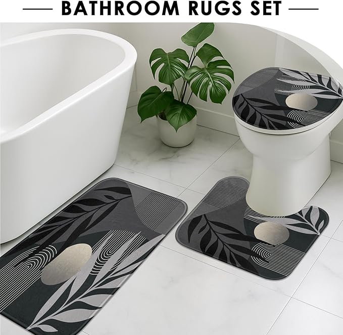 Boho Black and Grey Shower Curtain Set with Toilet Lid Cover and Non-Slip Rugs, Mid Century Modern Abstract Minimalist Leaves Neutral 4 Pcs Shower Curtain for Bathroom Set with 12 Hooks