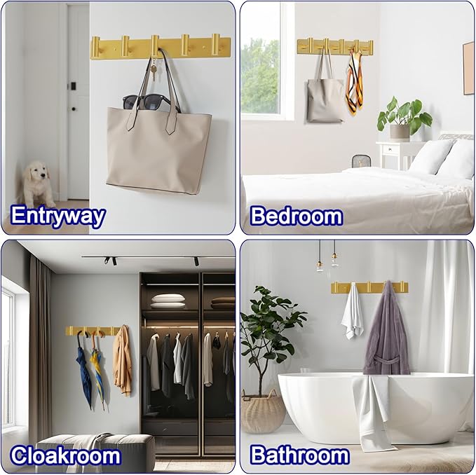 Bntuk Coat Rack Wall Mount - 5 Hat and Coat Hooks, Heavy Duty Towel Racks for Bathroom Entryway, Wall Hooks for Hanging Robes Bags, Hat Rack Key Hanger Organizer (Gold)