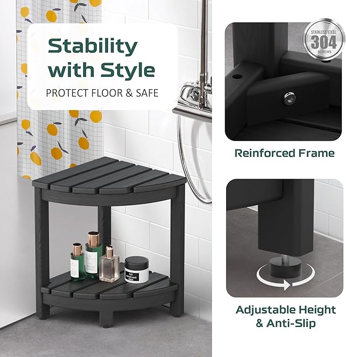 Corner Shower Stool for Inside Shower, HDPE Waterproof Shower Bench Seat Chair, Plastic Bath Shower Stool for Shaving Legs Foot Rest with Storage Shelf, Adjustable & Non-Slip Feet, Black