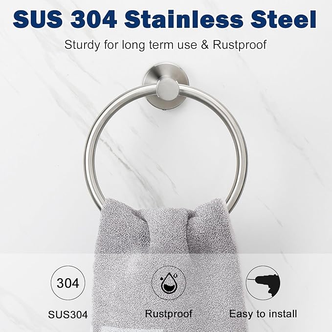 NearMoon Bath Towel Ring, Bathroom Hardware Accessories-Thicken Stainless Steel Hand Towel Holder for Bathroom, Modern Round Towel Hanger Wall Mounted (Brushed Nickel, 1 Pack)