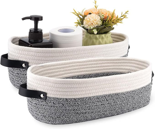 2 Pack Small Cotton Rope Woven Basket Toilet Paper Baskets for Organizing Decorative Basket for Boho Decor Small Storage Basket 13"x5.9"x4" Variegated Gray&White