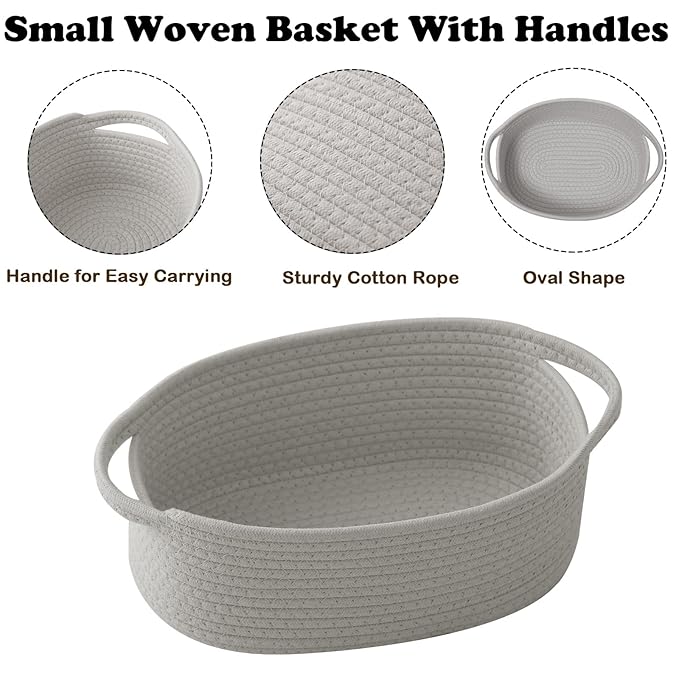 2 Pack Small Woven Rope Basket-Empty Gifts Basket with Bag and Ribbons,Cute Handle Organizer Box for Birthday/Baby Shower, Toy Storage, Nursery Organizing & Shelf Decor(Grey)