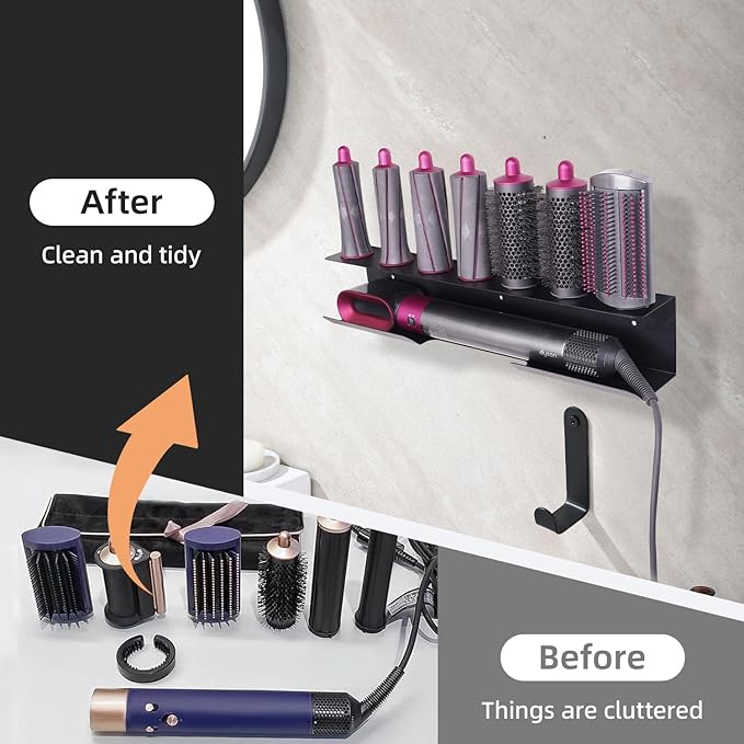 Hair Dryer Holder for Airwrap, Aluminum Hair Tool Holder Wall Mount Black with 7 Custom Slots & Cable Hook, Hair Tool Organizer Wall Mounted for Bathroom BANJEKT