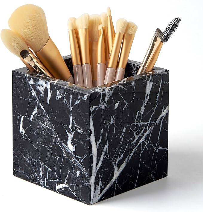 Real Luxurious Natural Marble Toothbrush Holder & Makeup Brush Organizer & Pen Holder for Desk,3.93inch Square Marble Utensil Holder Non-Ceramic/Non-Resin （Black）