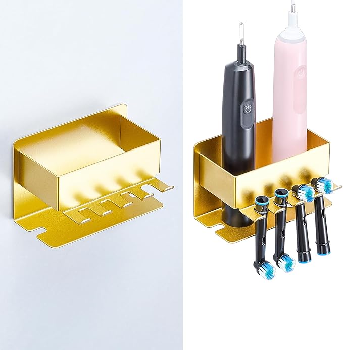 Toothbrush Head Holders, Electric Tooth Brush Head Holder, Adhesive Toothpaste Holder for Shower Bathrooms, Wall Mounted Tooth Brushing Holder Organizer Storage (Gold, Small)
