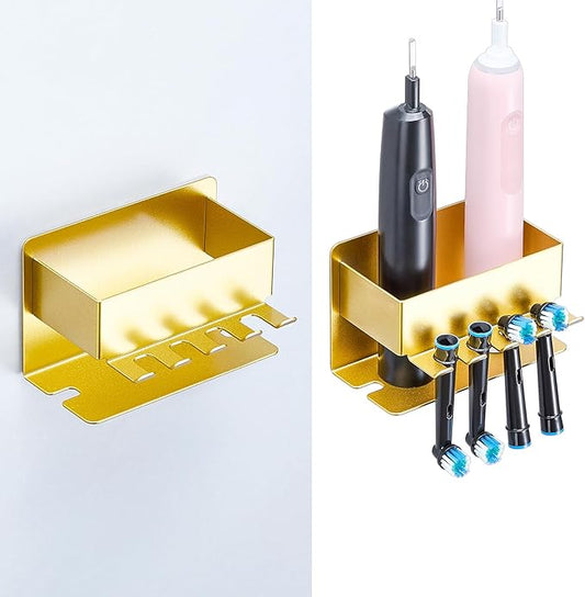 Toothbrush Head Holders, Electric Tooth Brush Head Holder, Adhesive Toothpaste Holder for Shower Bathrooms, Wall Mounted Tooth Brushing Holder Organizer Storage (Gold, Small)