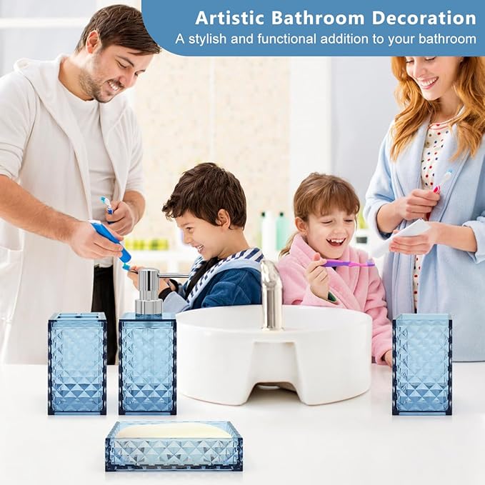 Bathroom Accessories Set, 4 Pcs Bathroom Decor Bathroom Sets Accessories, Diamond Soap Dispenser, Bathroom Tumbler, Soap Dish and Toothbrush Holder Set, Boho Bathroom Decor Blue