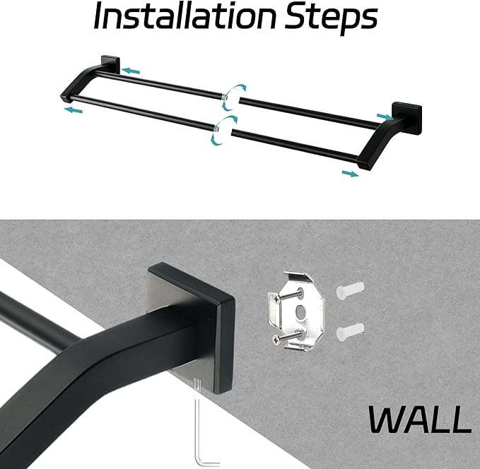 Alise Double Towel Bar, 24 Inch Towel Rack for Bathroom Wall Mounted, SUS304 Stainless Steel Bathroom Towel Holder Joining Process Towel Rail for Bathroom,Matte Black