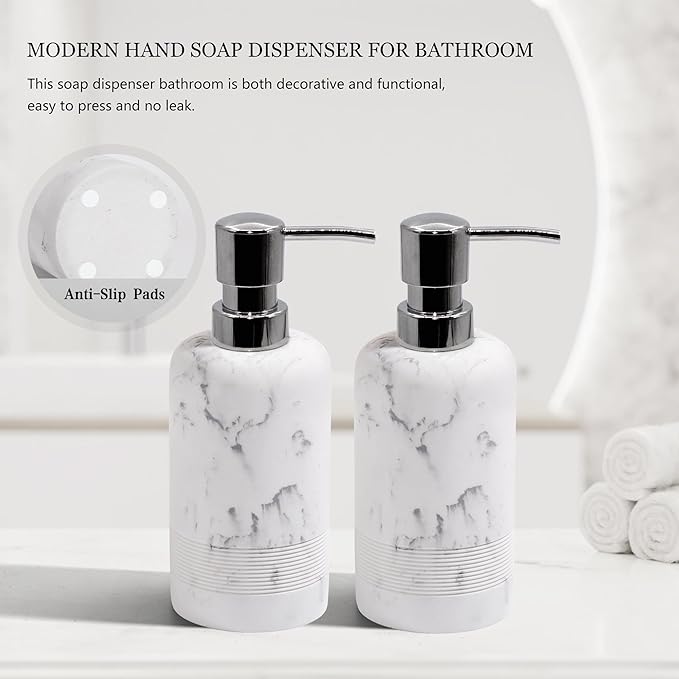 YMXYJM Resin Soap Dispenser Sets, 2 Pcs Heavy Lotion Dispensers,10.8oz Refillable Liquid Soap Dispensers with Rust-Proof Pump for Bathroom Countertop or Kitchen, Artificial Marble White