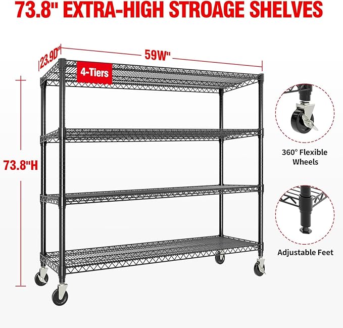 4-Tier Tall Steel Wire Shelving Unit with Wheels, Heavy Duty Storage Rack,2640 Lbs Capacity, Adjustable Industrial Shelves for Garage, Workshop, or Warehouse