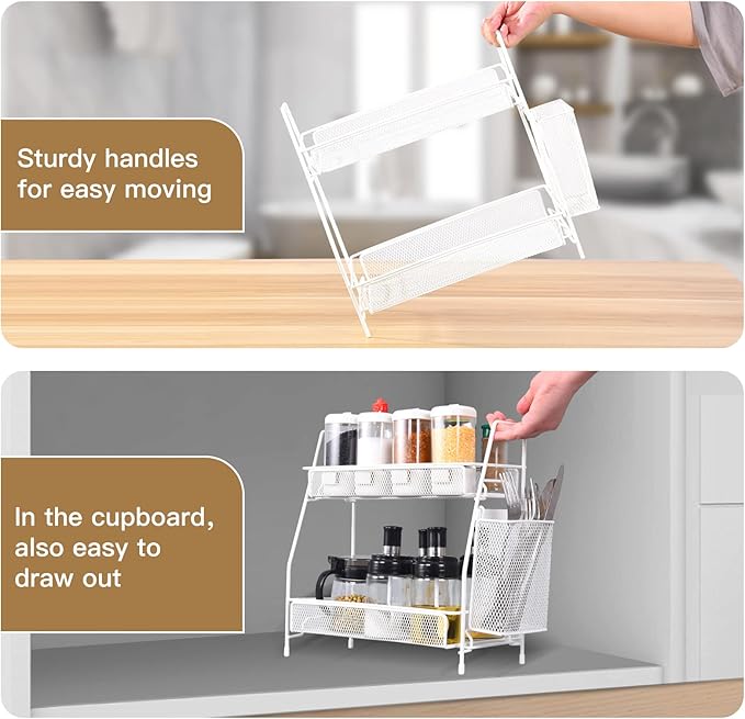 2024 upgraded Bathroom Organizer with Basket, 2-Tier Bathroom Tray for Countertop Storage Shelf, Vanity Organizer and Storage Kitchen Counter Organizers Spice Rack(White)